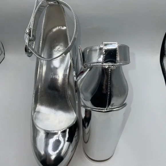 Christian Louboutin Silver Movida Strap Patent Leather Platform Pumps Sz 38 - Picture 3 of 6